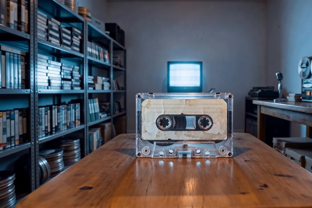 A frame from the Local Historian home-page film: a cassette on a wooden table in a records room, reel-to-reel machines behind it.