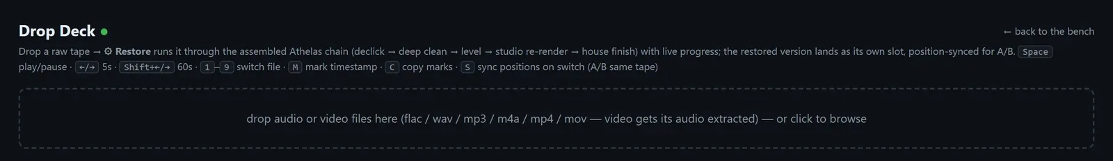 The Drop Deck, a tool for long tapes. Its chain is written out in plain words: declick, deep clean, level, studio re-render, house finish.