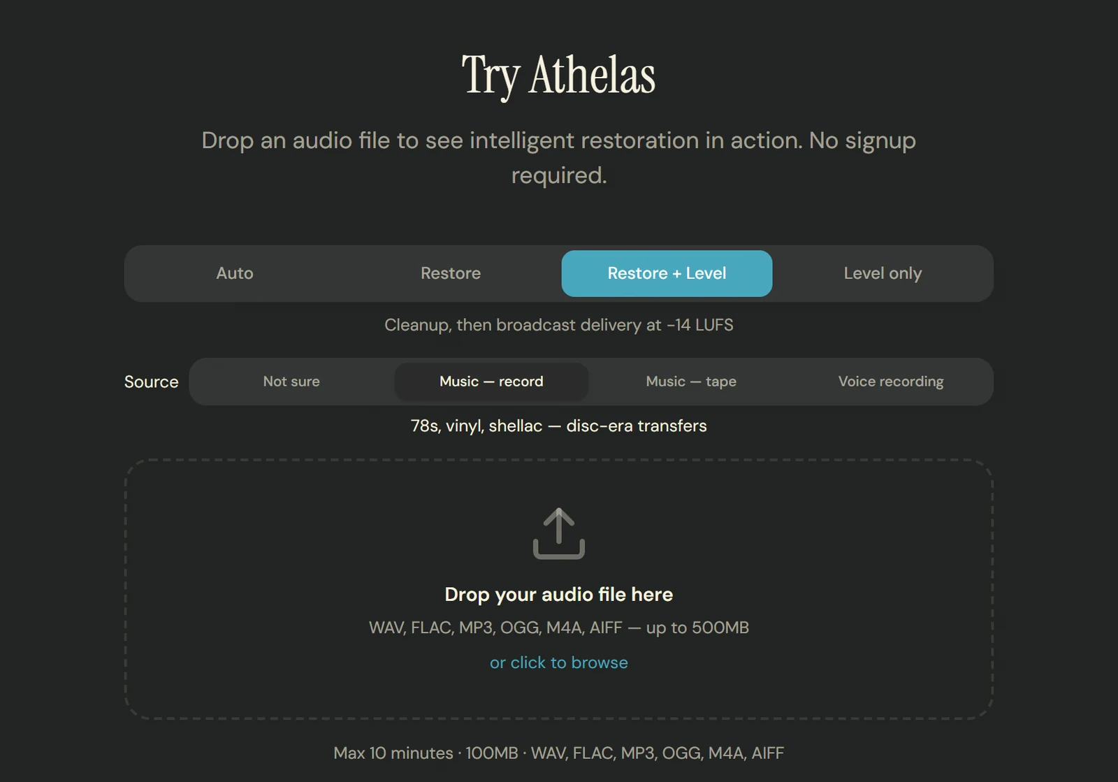 The Athelas playground: four modes (Auto, Restore, Restore + Level, Level only), a choice of source (record, tape, voice), and a place to drop a file.