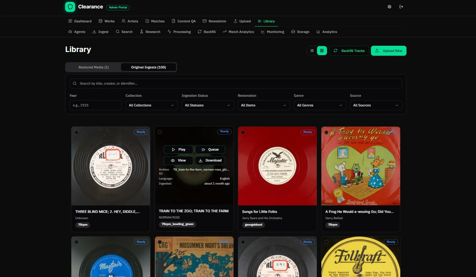 Clearance library: a grid of old 78 rpm record labels, with filters for collection, status and genre.