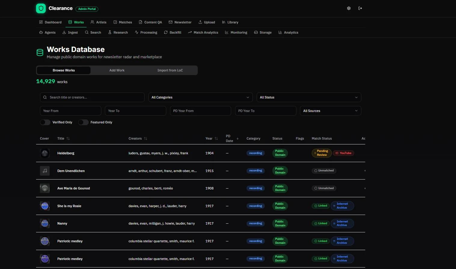 Clearance works database: a table of recordings with year, public-domain year, category and public-domain status for each.