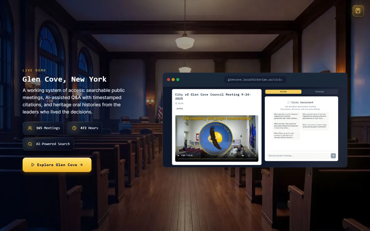 localhistorian.ai, the Glen Cove section: a card offering searchable meetings and questions answered with timestamped citations, over a film frame of a council chamber.