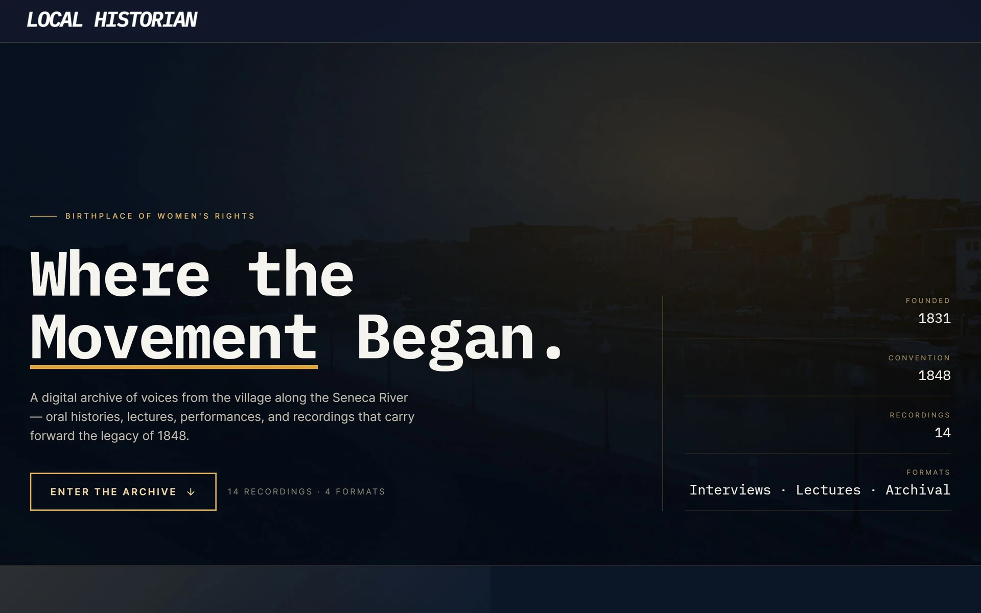 The Seneca Falls Historical Society portal, with its 12 recordings from 1980 to 1989: the heading “Where the Movement Began.” over a photograph of the canal.