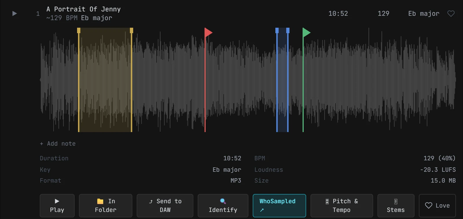 One track opened in Vairë: an amber region and coloured cue markers on its waveform, with duration, key, tempo and its confidence, loudness, and a row of actions such as Stems and Pitch & Tempo.