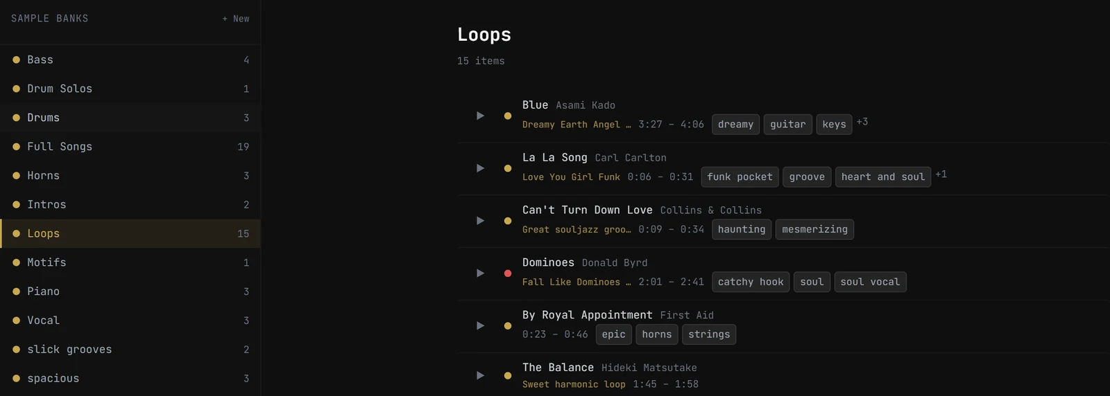 Sample banks in Vairë: banks named Bass, Drums, Loops, Horns and others, and the Loops bank open with my own cue labels and mood tags.