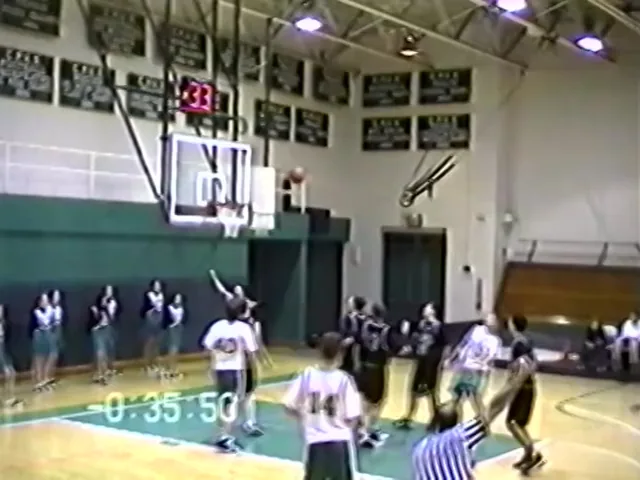 A videotape frame from 1999: a basketball game in a school gym, with the VCR’s counter in the corner.