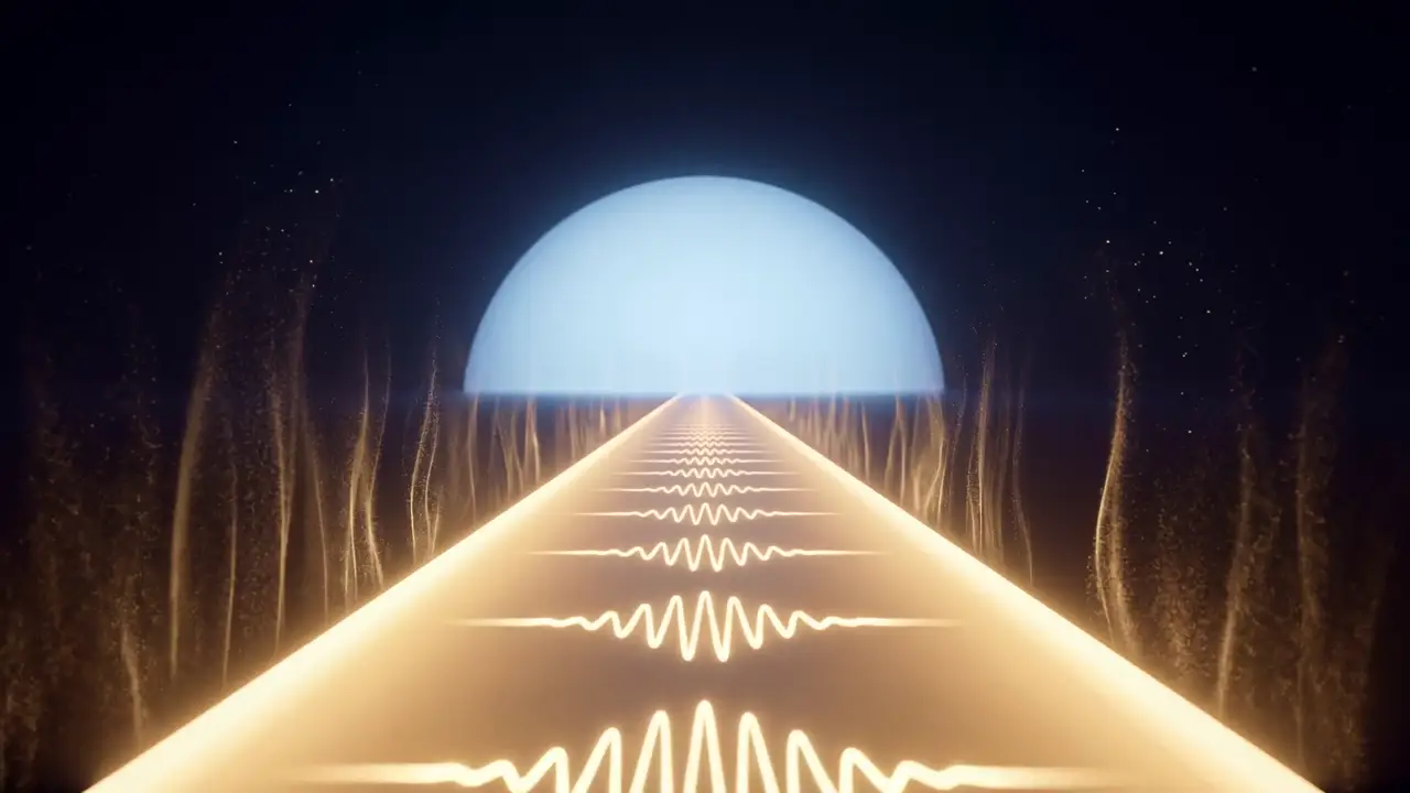 A frame from the Local Historian film: a road made of sound waves running toward a large moon.