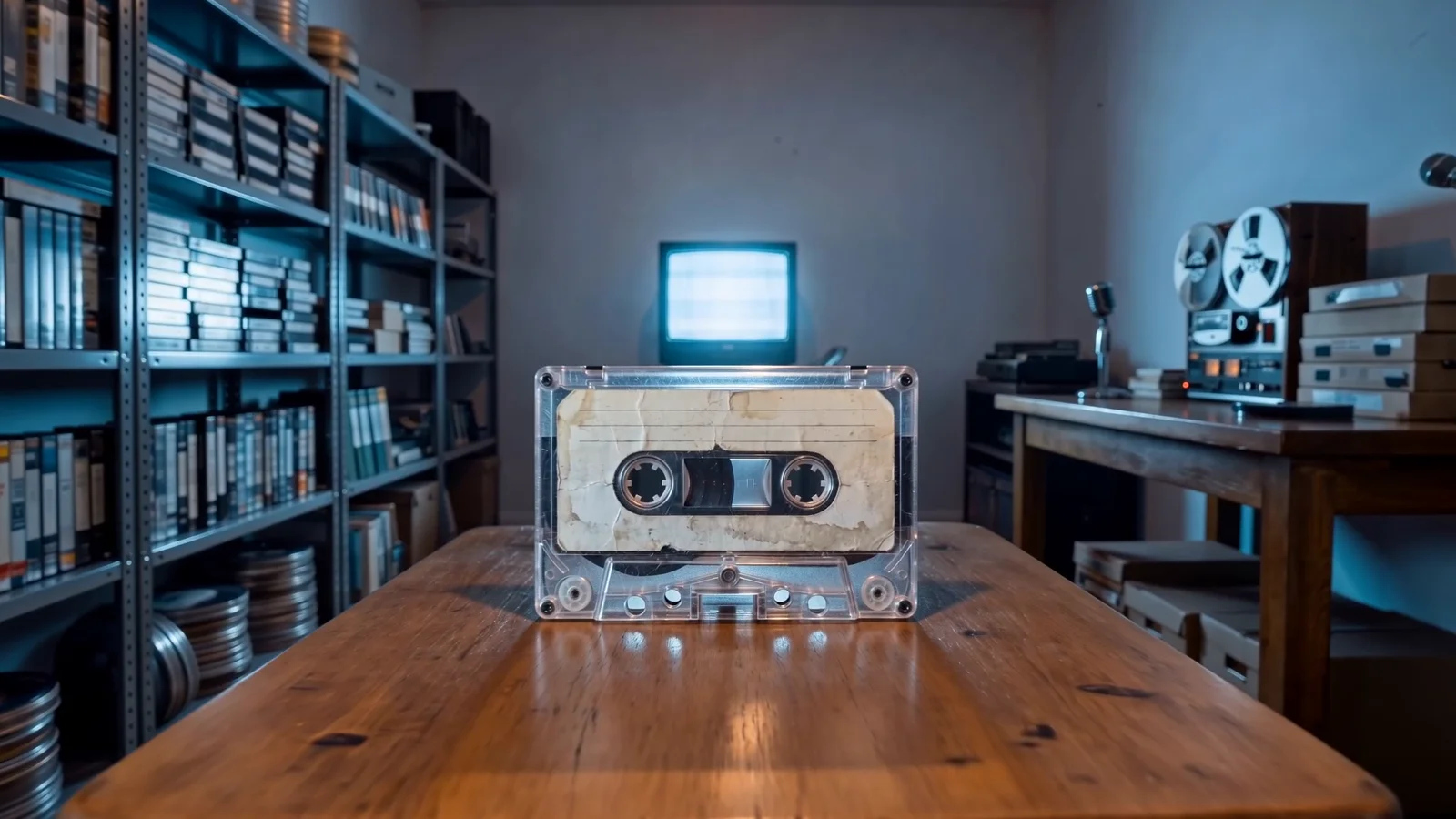 Film still: a worn cassette on an archive table.