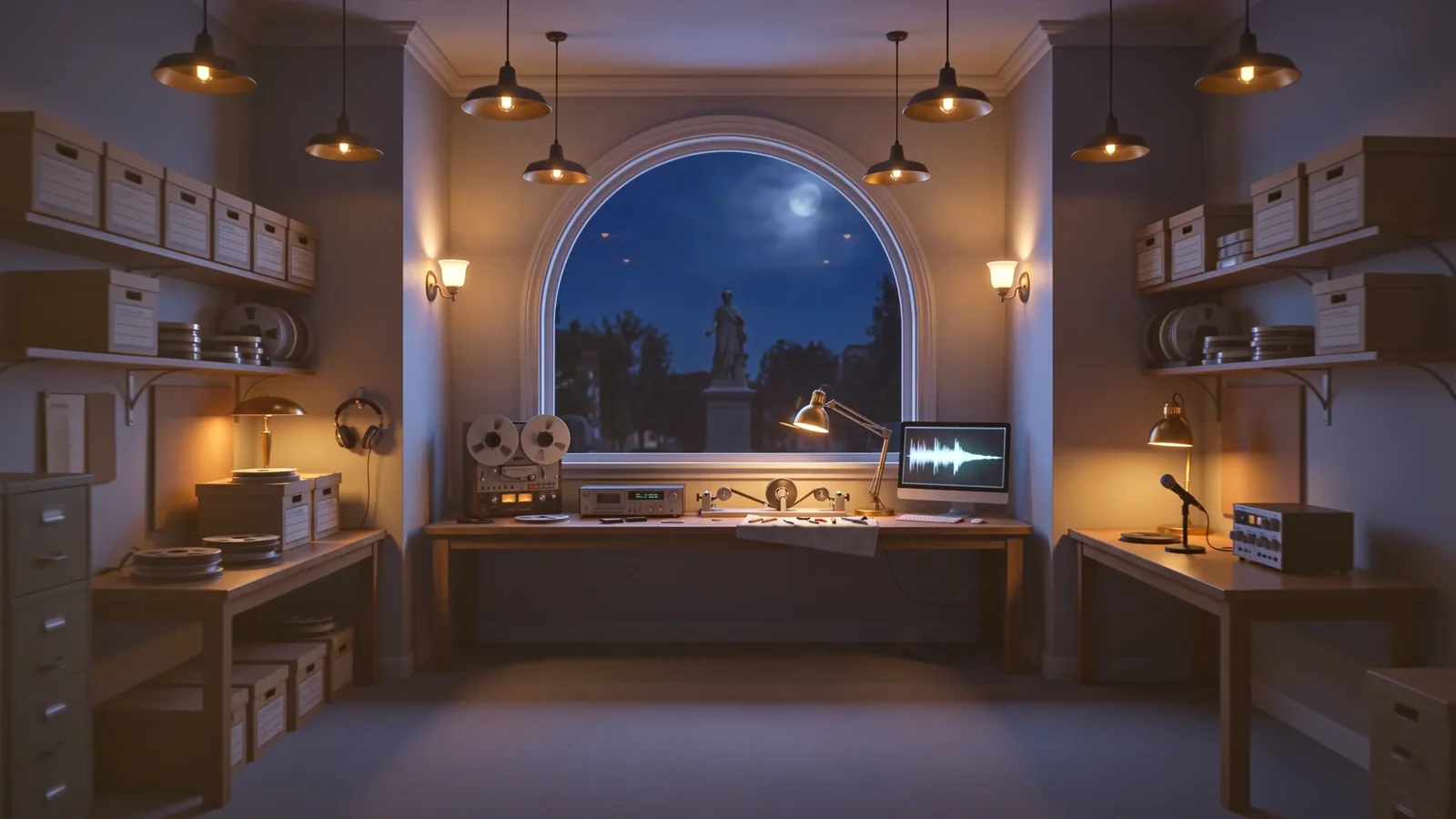 Film still: a workshop bench under an arched window, with a reel-to-reel deck and a waveform on a monitor.