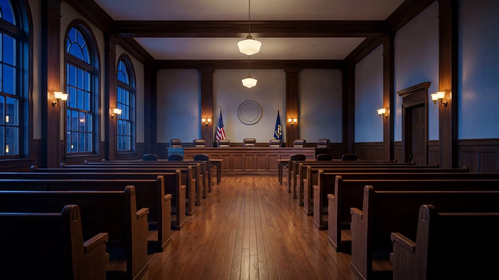 Film still: an empty council chamber in pale light.
