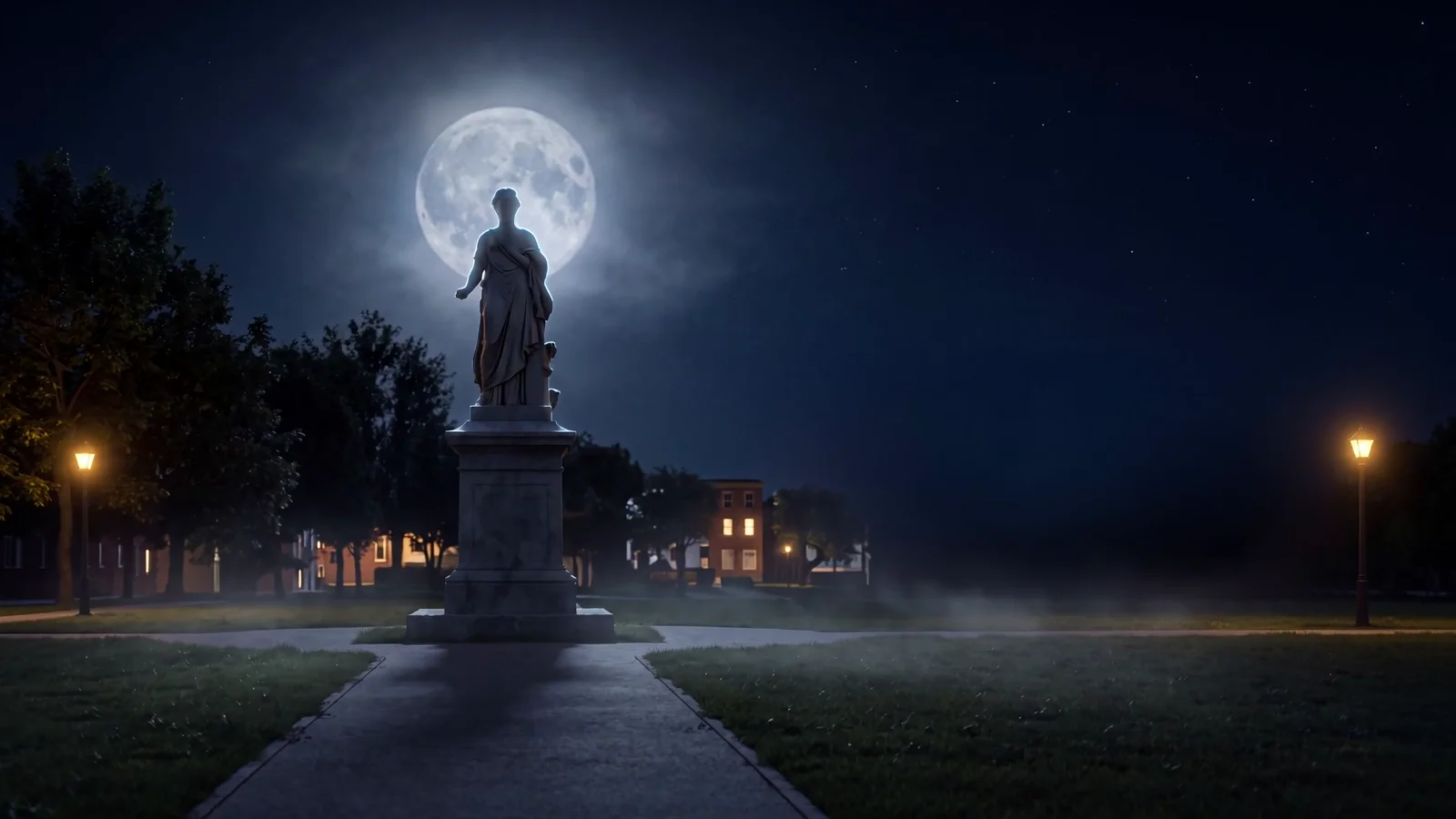 Film still: a statue in a park at night under a full moon.