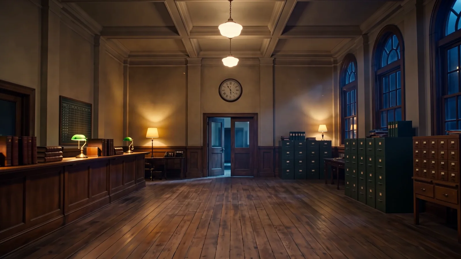 Film still: a lamplit records room in a town hall.