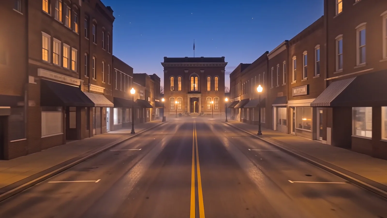 Film still: a main street of brick shops in fog.