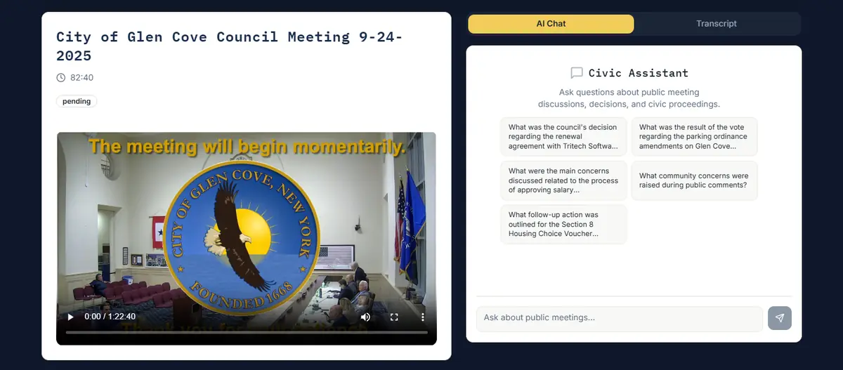 The Glen Cove Civic Portal: a council meeting video on the left, an AI chat panel with suggested questions on the right.