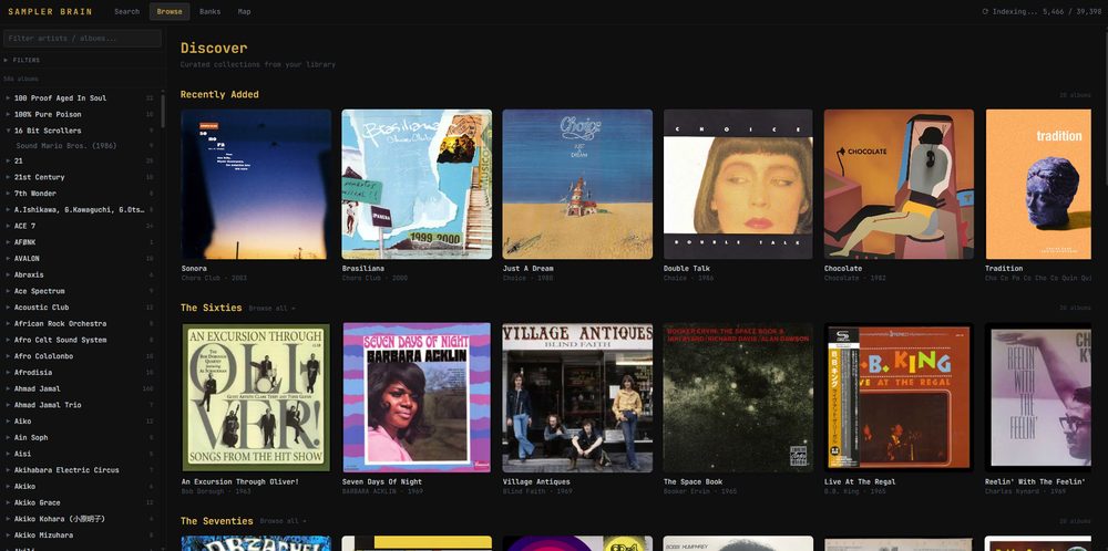 Vairë’s Discover view: a grid of album covers from the collection, grouped by decade.