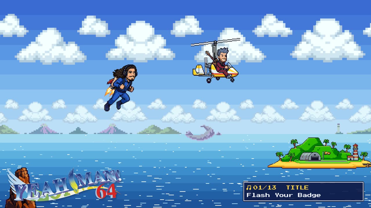 The film’s opening: Tony on a rocket belt and Alex in a gyrocopter over the sea, with the first song’s title, Flash Your Badge, in the corner.