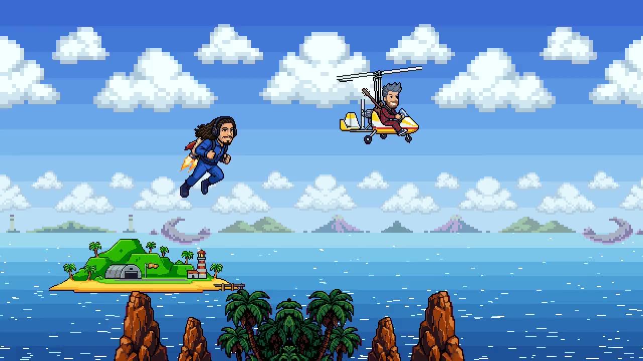 Pixel art from the album film: Tony on a rocket belt and Alex in a yellow gyrocopter, flying over the sea toward an island with a hangar and a lighthouse.