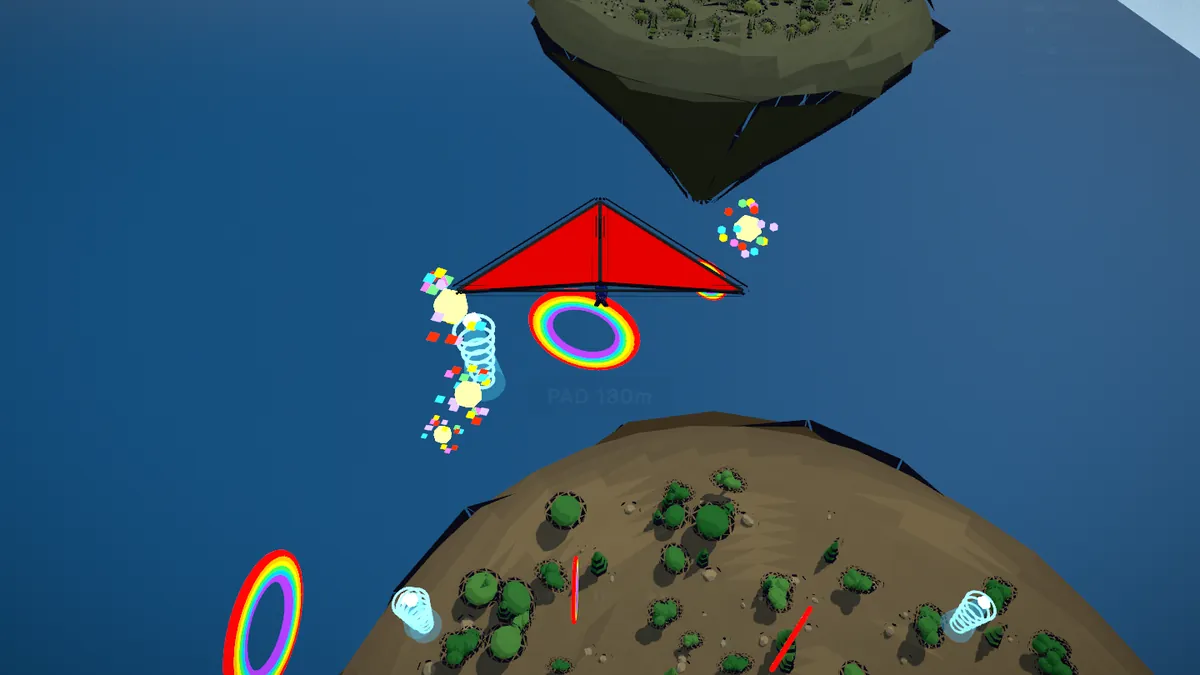 The game for Coyote Glider: a red hang glider over the sea between two floating islands, past rainbow rings.
