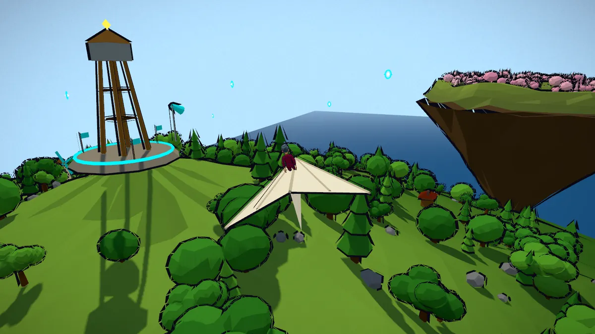 The game for Flash Your Badge: a paper plane glides over a green island toward a water tower, beside a floating island.