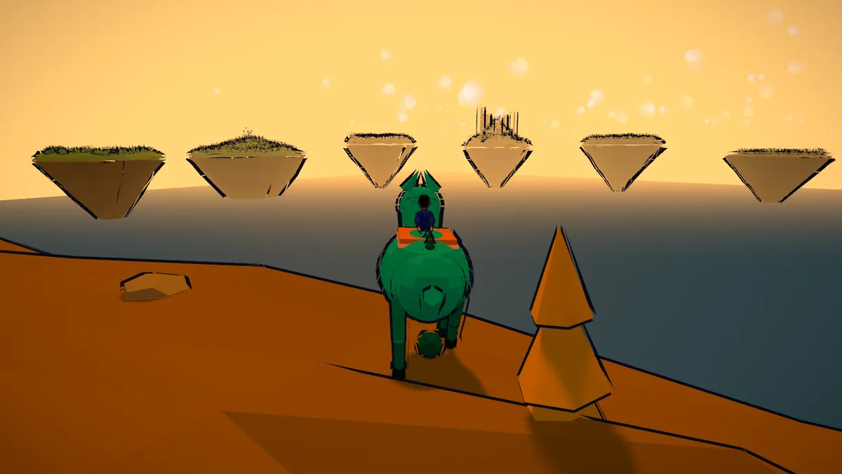 The game for Medalheaded: riding a big green steed over golden hills toward a row of floating islands at sunset.
