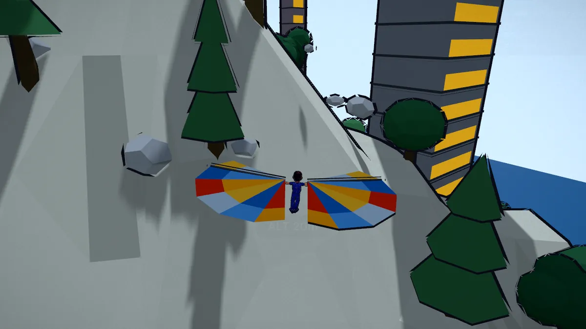 The game for It’s All Magic: flying on red, blue and yellow wings up a grey mountainside, past tall striped towers.